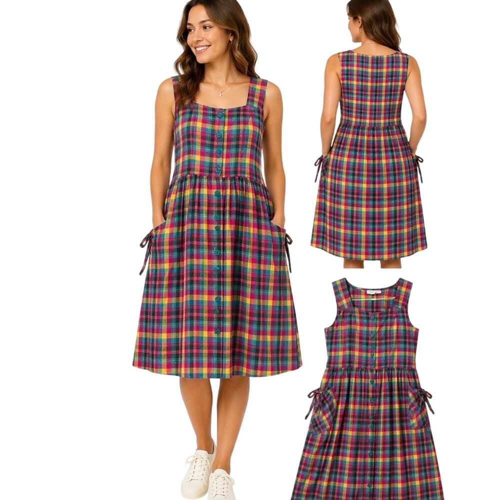 Victoria Plaid Button Front Dress Womens Large Cottagecore Pockets Sleeveless